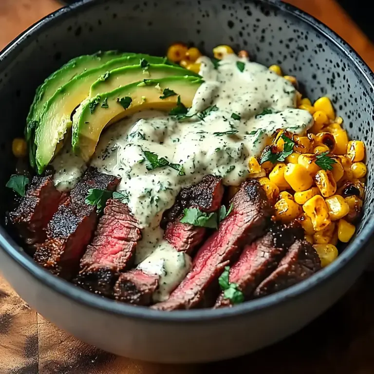 Steak, Avocado, and Roasted Corn Bowl with Cilantro Cream Sauce
