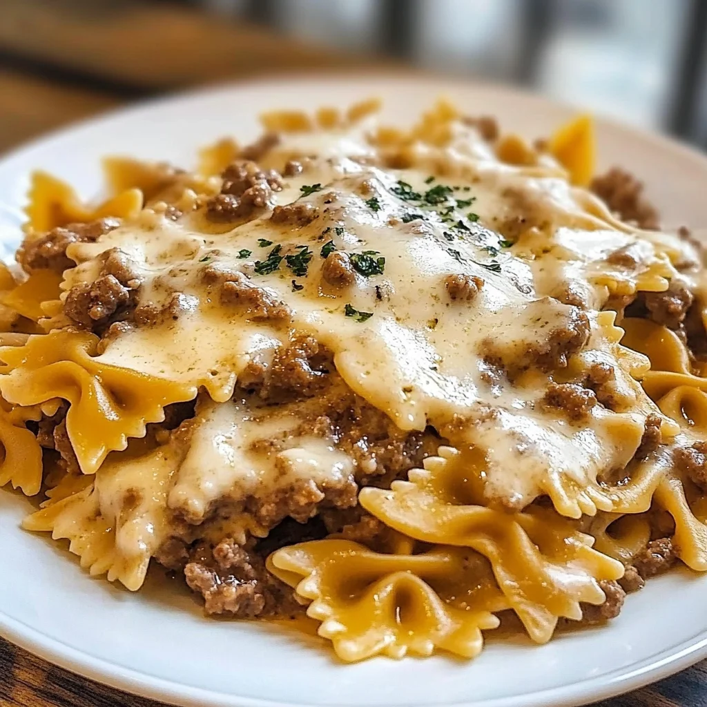 Cheesy Beef Bowtie Pasta in Rich Alfredo Sauce