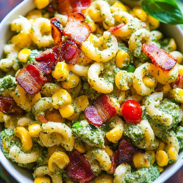Corn Pasta Salad with Turkey Bacon and Creamy Pesto Dressing