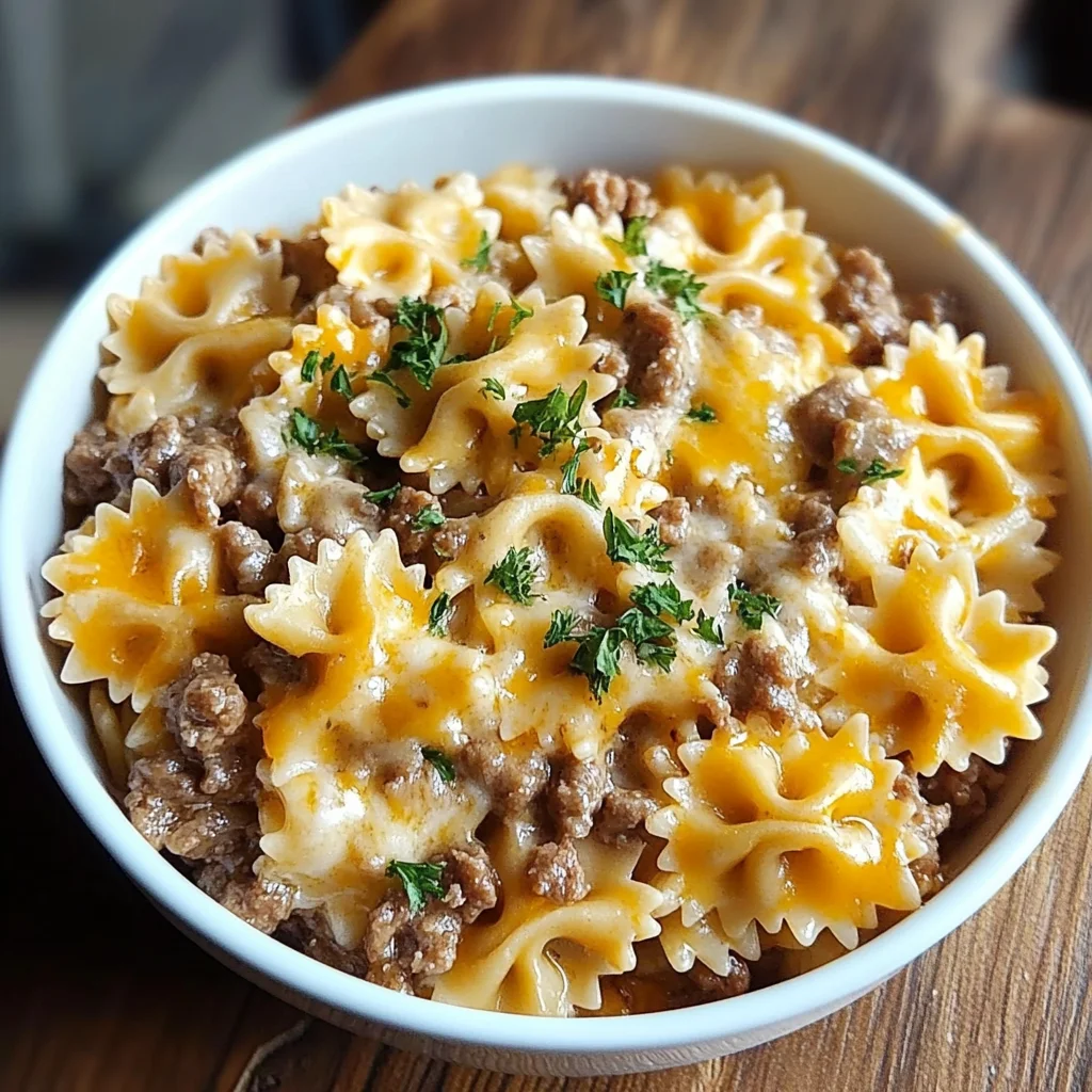 Garlic Butter Beef & Cheesy Bowtie Pasta