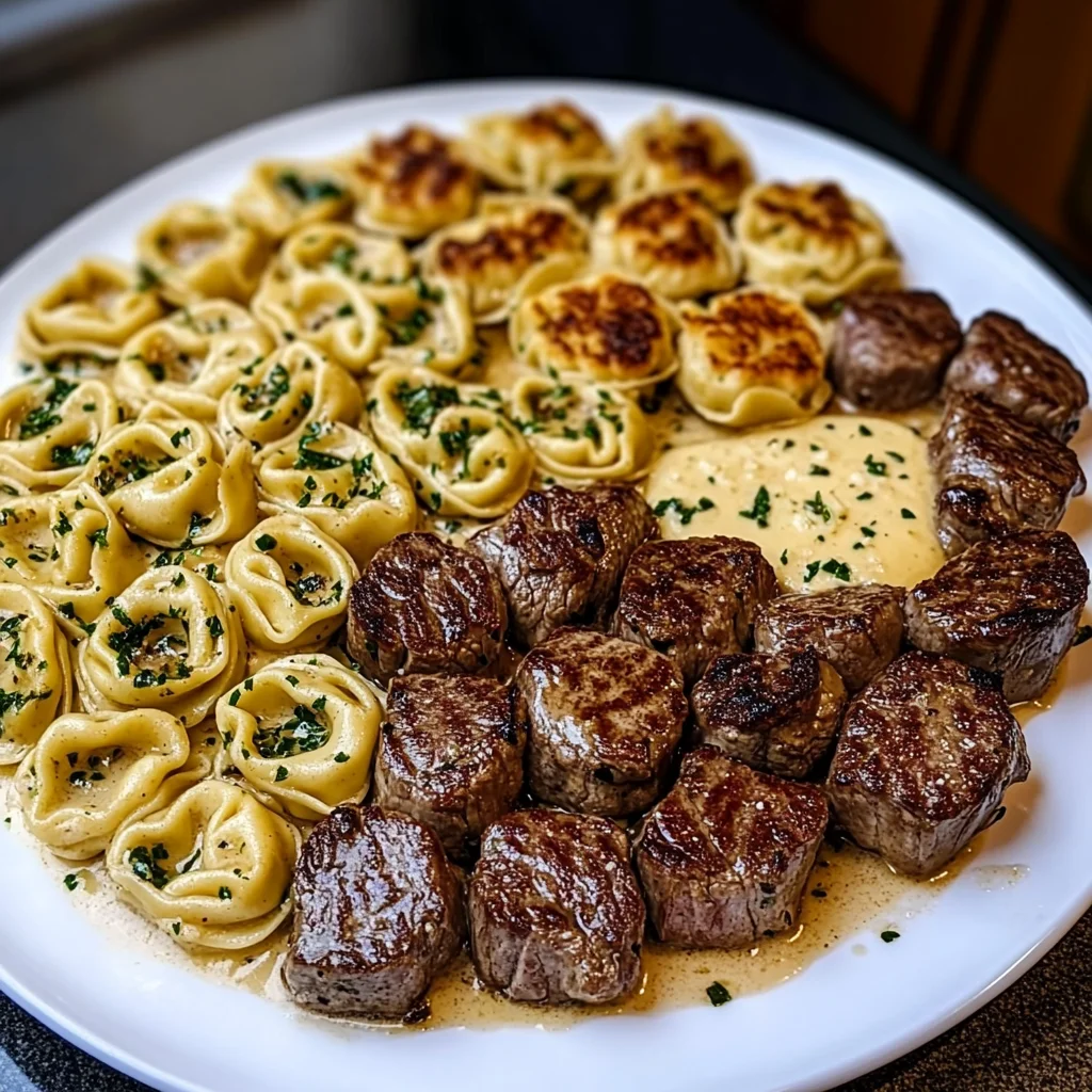 Garlic Butter Steak with Cheesy Alfredo Tortellini
