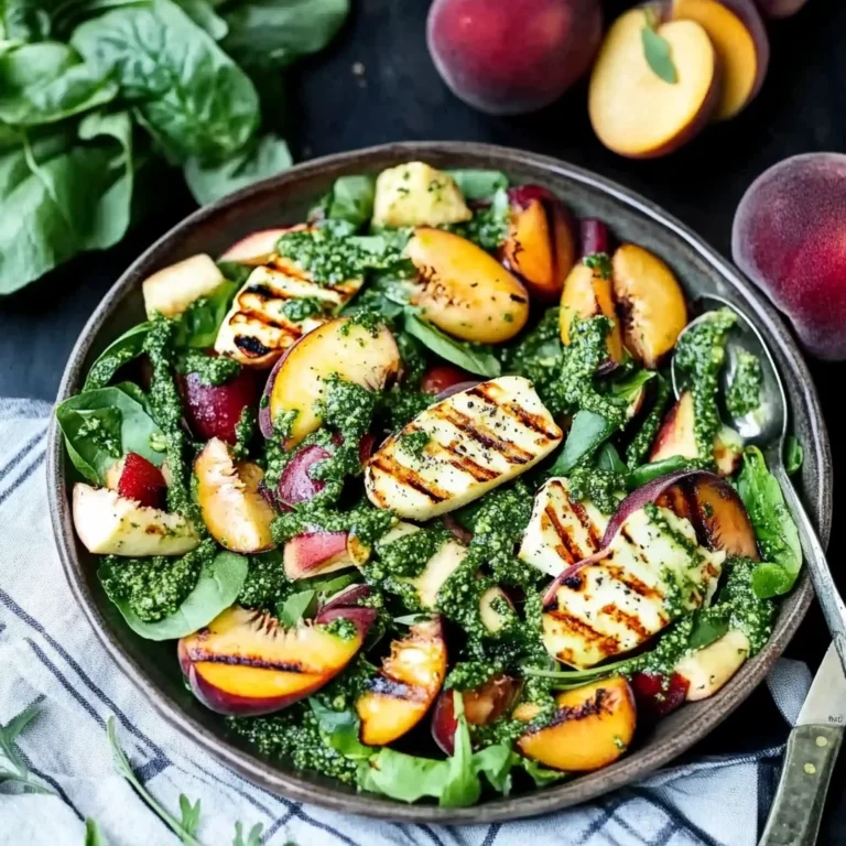 Griddled Halloumi and Peach Salad with Homemade Lemon Pesto