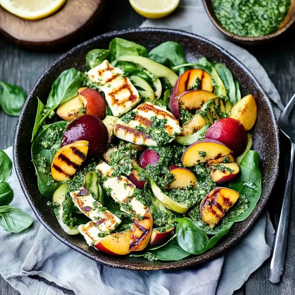 Griddled Halloumi and Peach Salad with Homemade Lemon Pesto