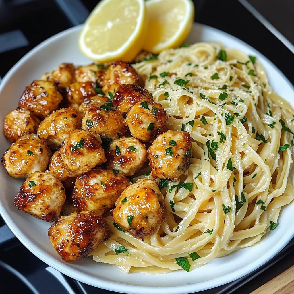 Lemon Garlic Butter Chicken Bites with Savory Parmesan Linguine