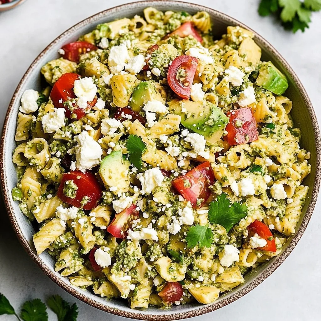 Street Corn Pasta Salad with Cilantro Pesto & Goat Cheese