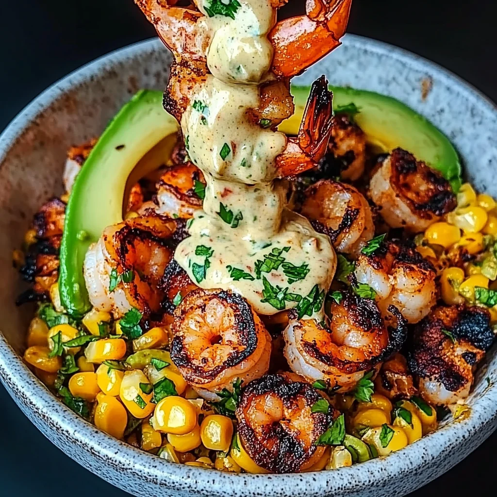Grilled Shrimp Bowl with Avocado, Corn Salsa & Creamy Sauce