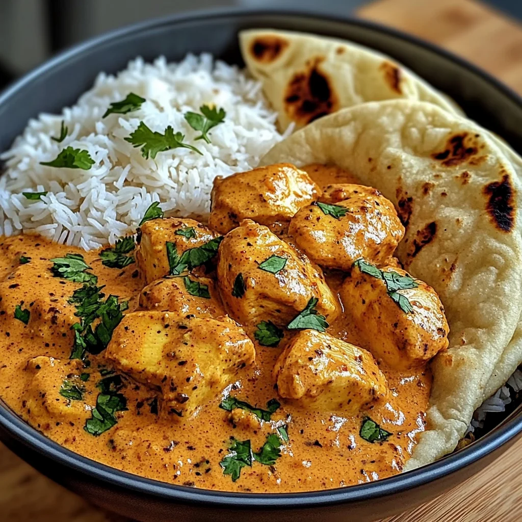 Butter Chicken with Coriander, Rice, and Naan