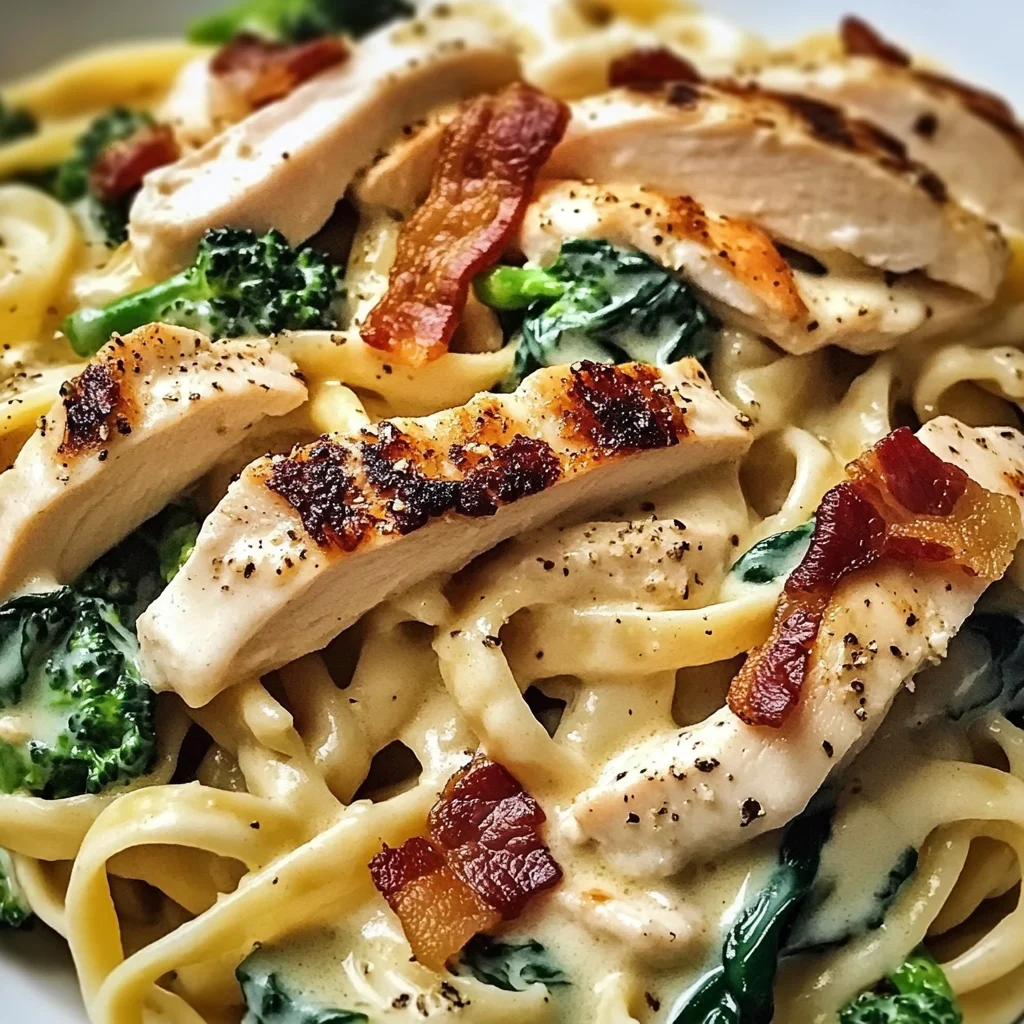 Creamy Chicken Bacon Spinach Fettuccine with Broccoli