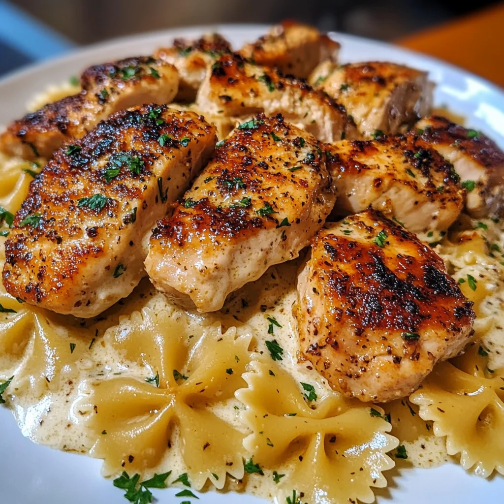 Garlic Chicken with Cheesy Bowtie Alfredo
