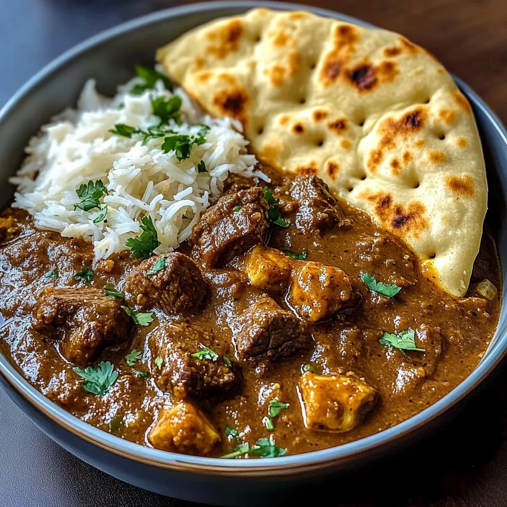 Slow-Cooked Beef Curry with Buttery Garlic Naan