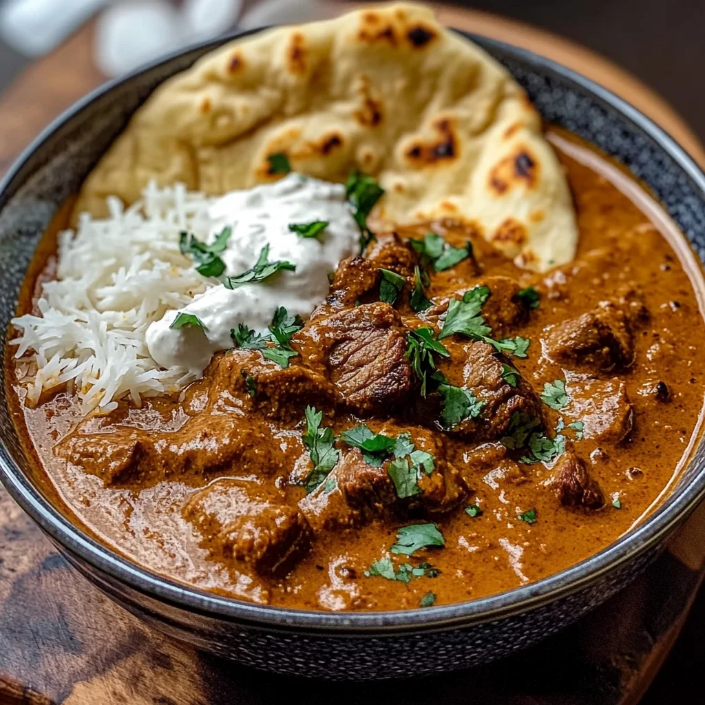 Slow-Cooked Beef Curry with Creamy Coconut Sauce & Garlic Naan