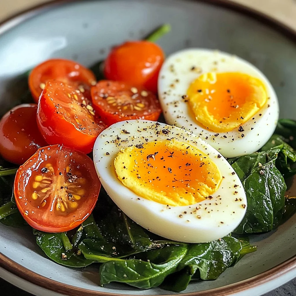 Boiled Eggs with Sautéed Cherry Tomatoes & Spinach