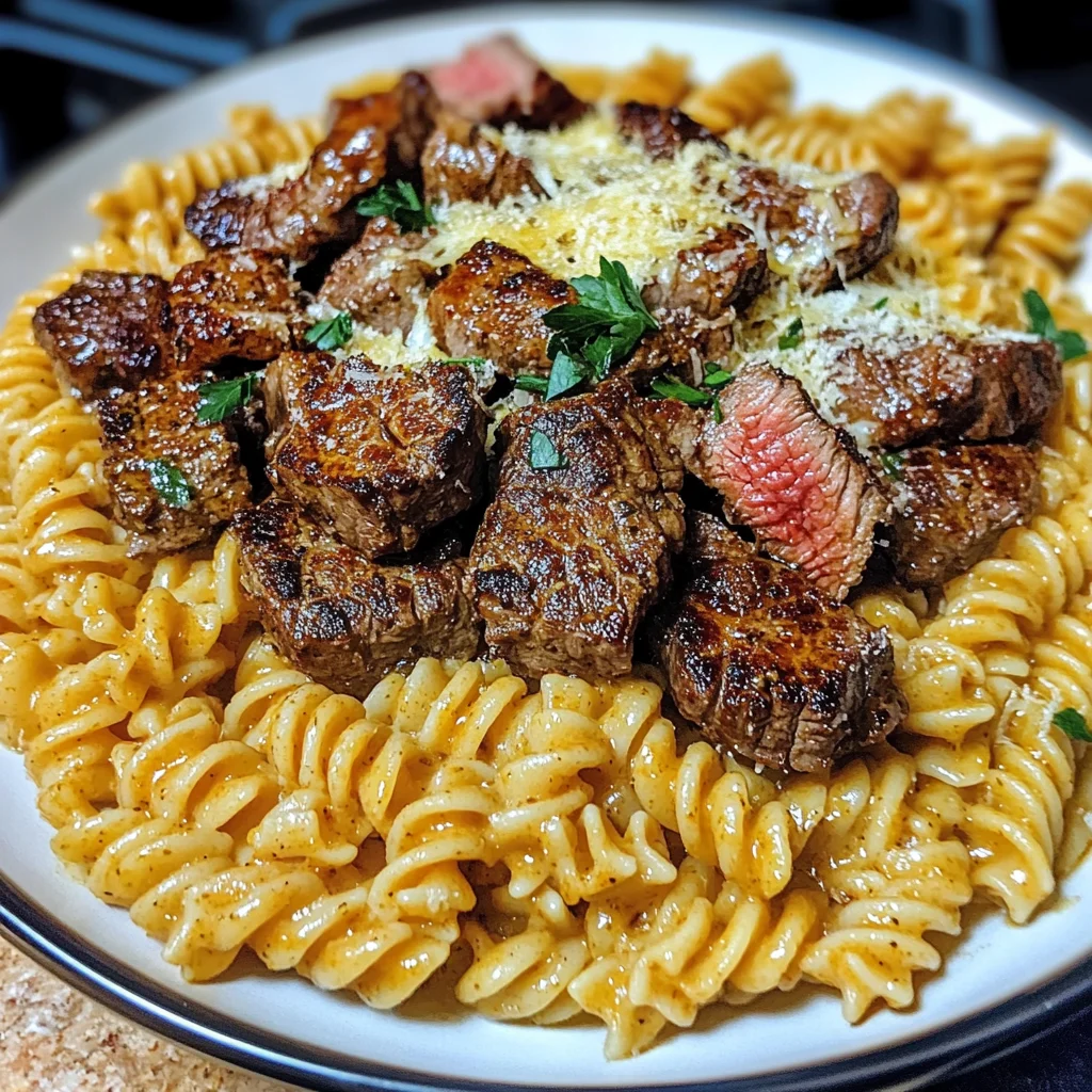 Cajun Steak Tips with Cheesy Parmesan Twisted Pasta
