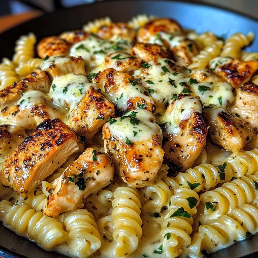 Garlic Butter Chicken Rotini with Melted Mozzarella