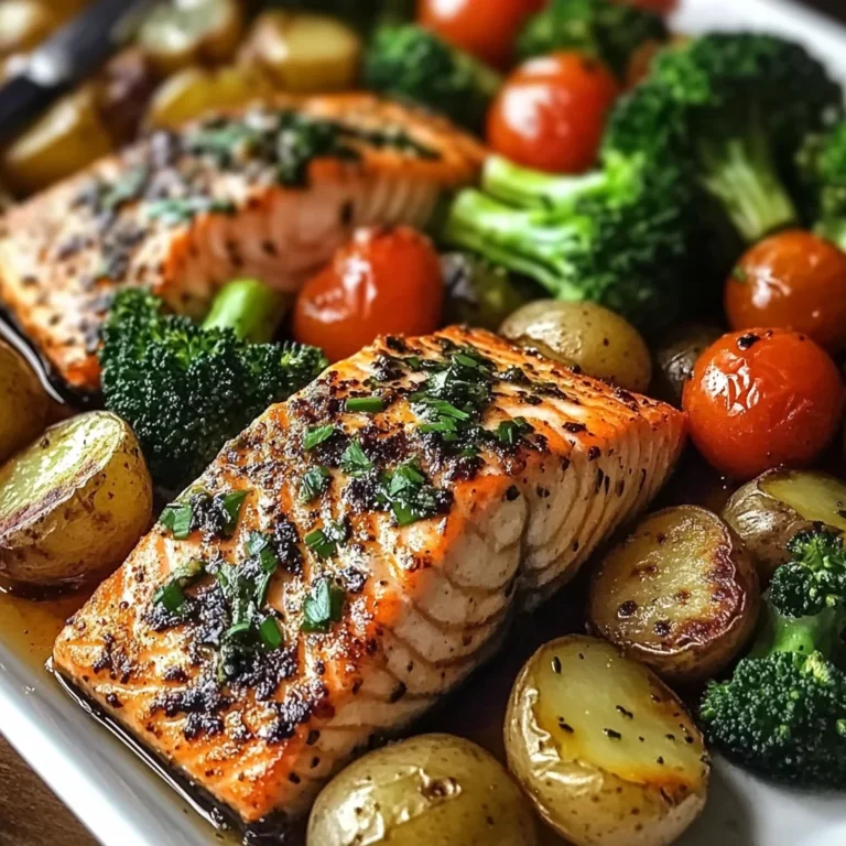 Garlic Butter Salmon with Roasted Veggies & Baby Potatoes