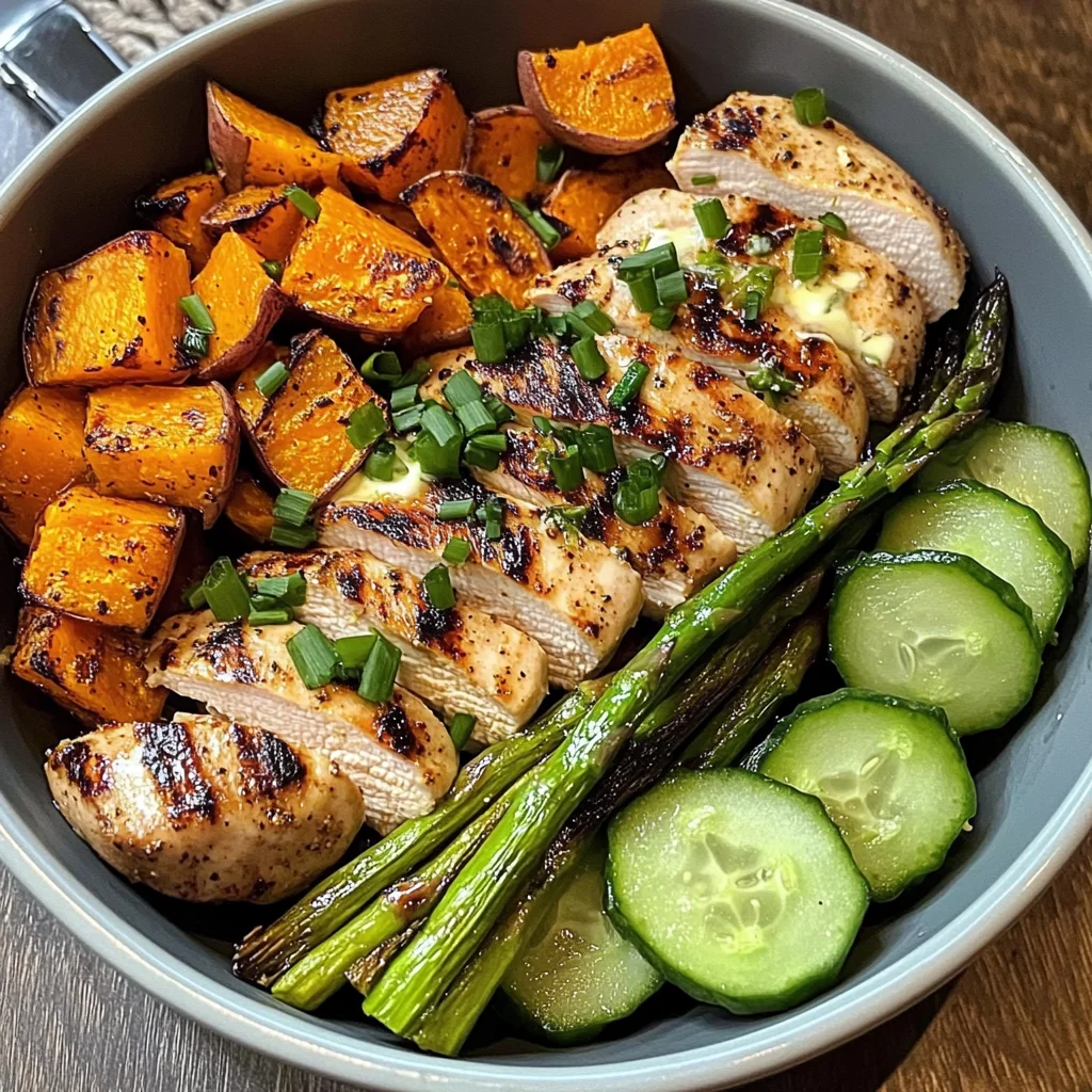 Grilled Chicken Bowl with Sweet Potato, Asparagus & Cucumber Medley