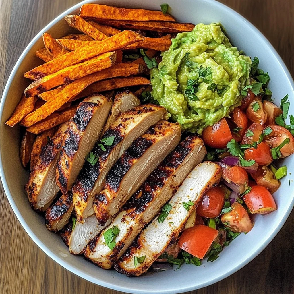 Grilled Chicken Power Bowl with Sweet Potato Fries & Fresh Guac