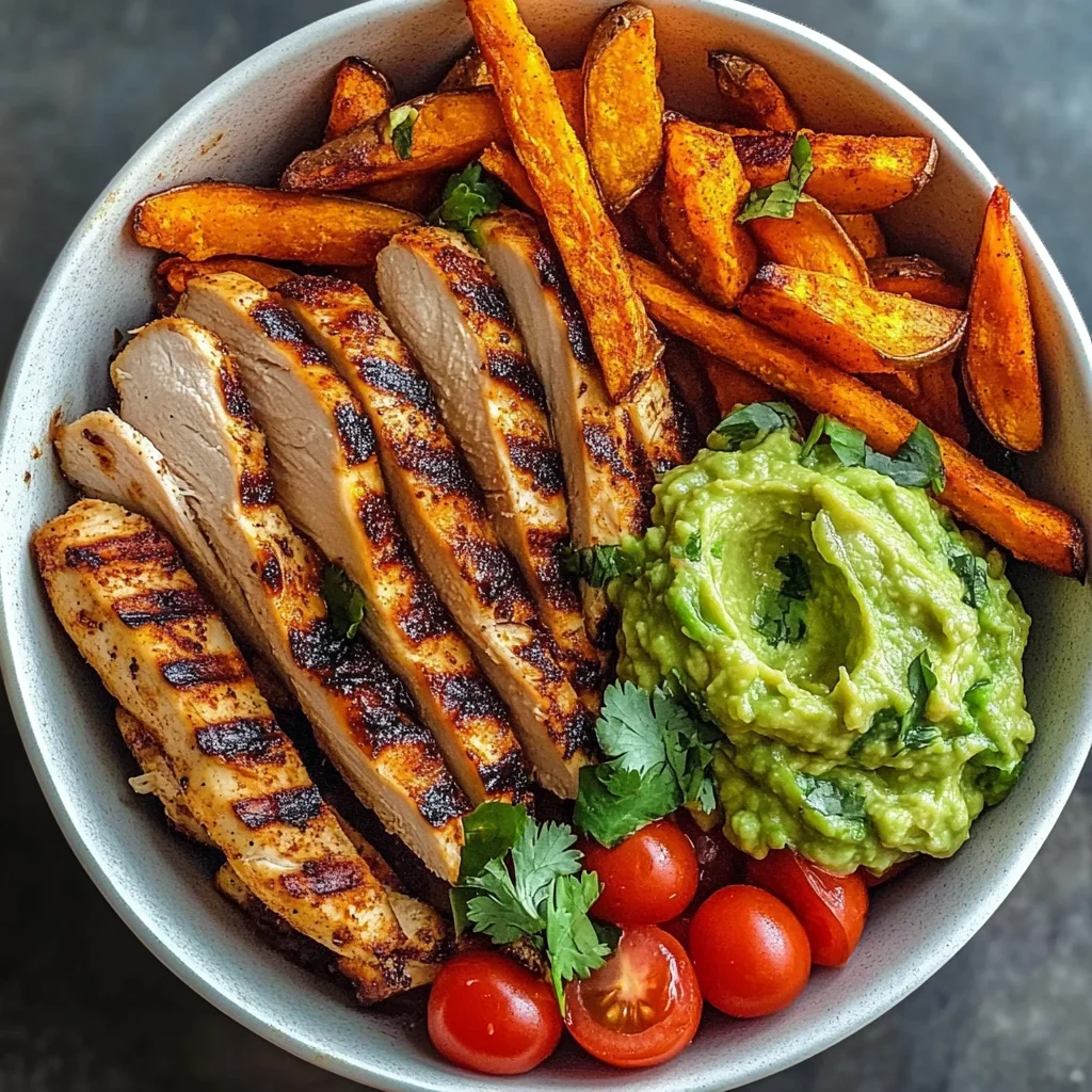 Grilled Chicken Power Bowl with Sweet Potato Fries & Guacamole