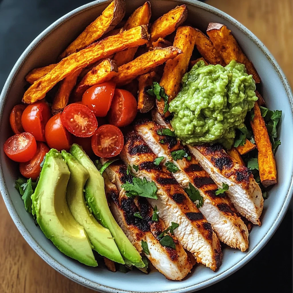 Grilled Chicken Power Bowl with Sweet Potato Fries & Guacamole