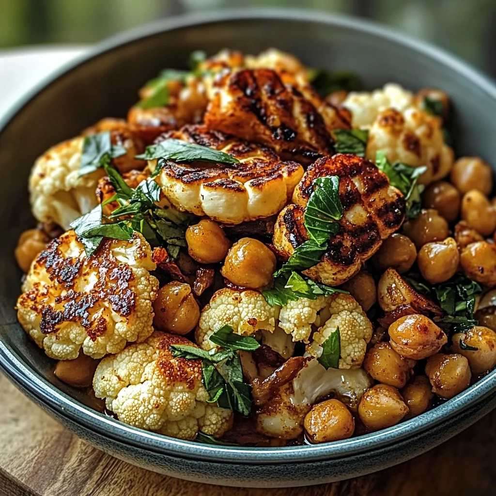 Honey Curry Roasted Cauliflower with Grilled Halloumi and Crunchy Chickpeas