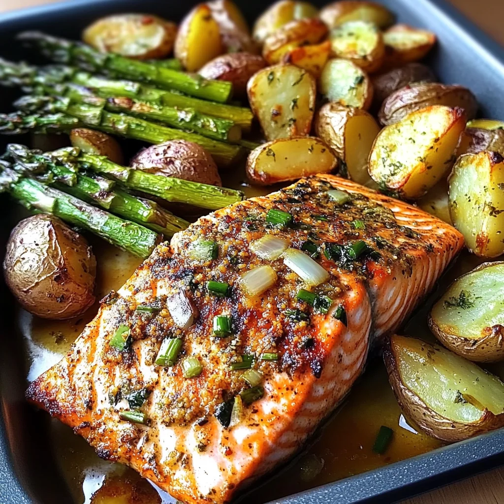 Spiced Salmon with Cheesy Asparagus & Garlic Herb Potatoes